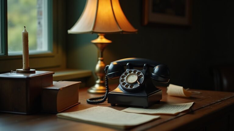Telefone antigo com o fone fora do gancho sobre mesa de madeira à noite, ao lado de um bilhete de pedido e uma vela quase apagada