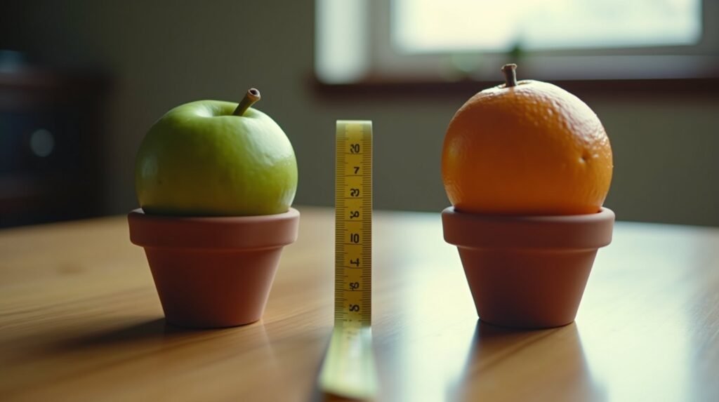 Dois potes de cerâmica com frutas diferentes lado a lado sobre mesa de madeira, ligados por uma fita métrica, luz natural de janela