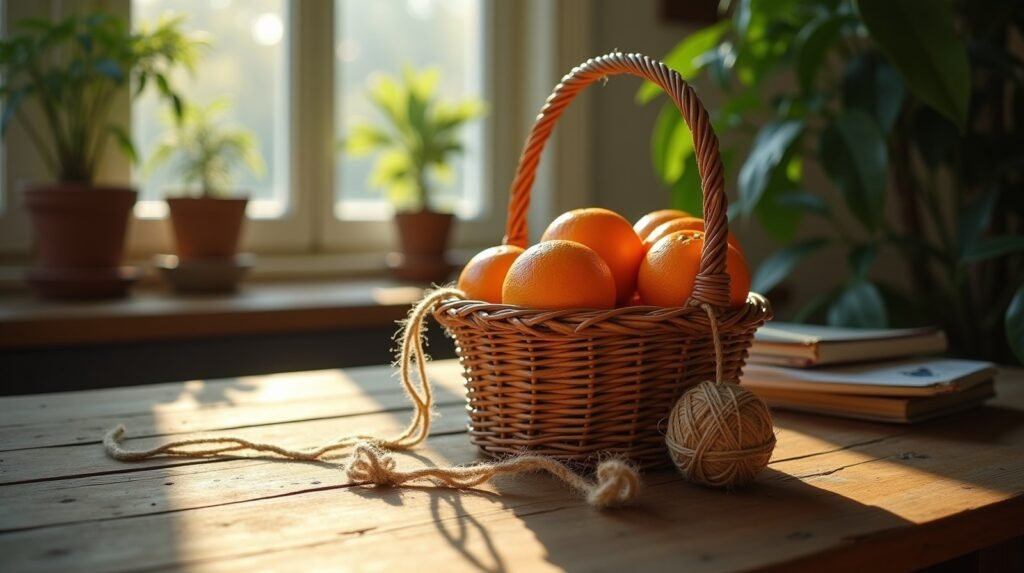 Cesta de vime com laranjas sobre mesa de madeira, com um novelo de barbante desenrolado parando antes de alcançar a soleira, luz natural de janela