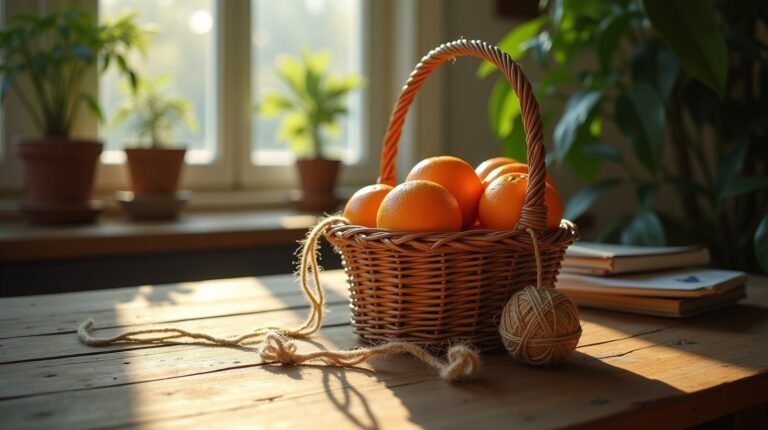 Cesta de vime com laranjas sobre mesa de madeira, com um novelo de barbante desenrolado parando antes de alcançar a soleira, luz natural de janela