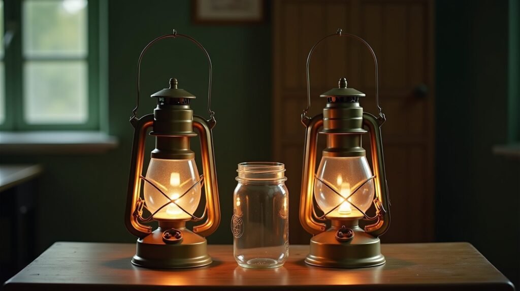 Duas lanternas antigas iluminam um vidro vazio de ângulos opostos sobre uma mesa de madeira