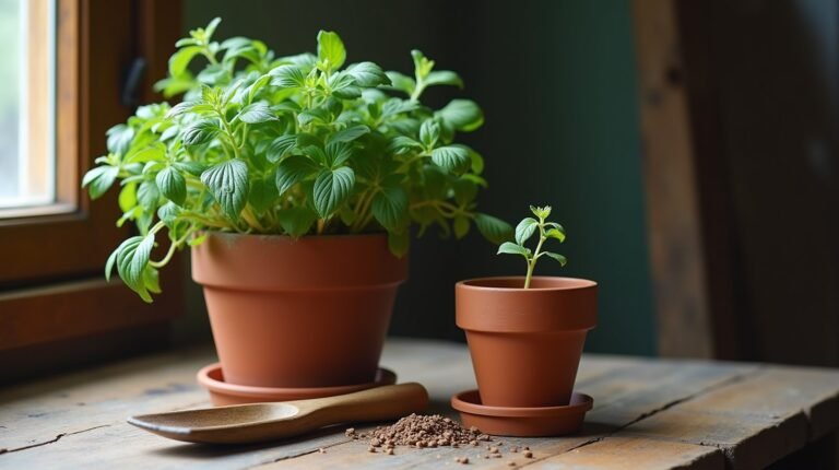 Natureza morta editorial com um vaso de planta madura e viçosa ao lado de um pequeno vaso vazio com uma única muda brotando, luz natural de janela, tons terrosos