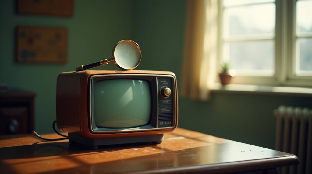 Lupa de latão sobre uma televisão antiga de gabinete de madeira, luz de janela, paleta terrosa