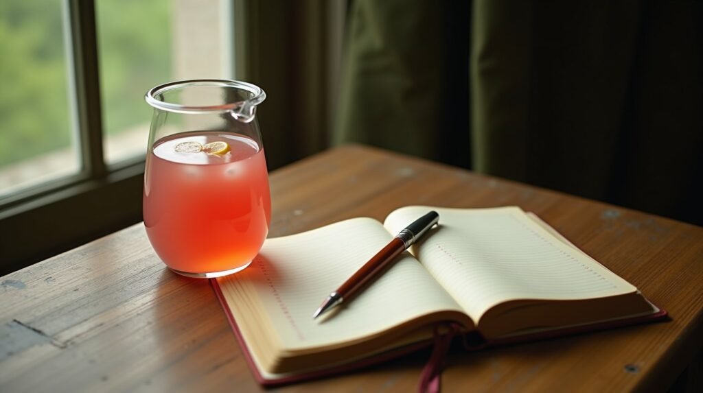 Natureza morta editorial com jarra de limonada rosa e caderno de anotações aberto sobre mesa de madeira, luz natural de janela