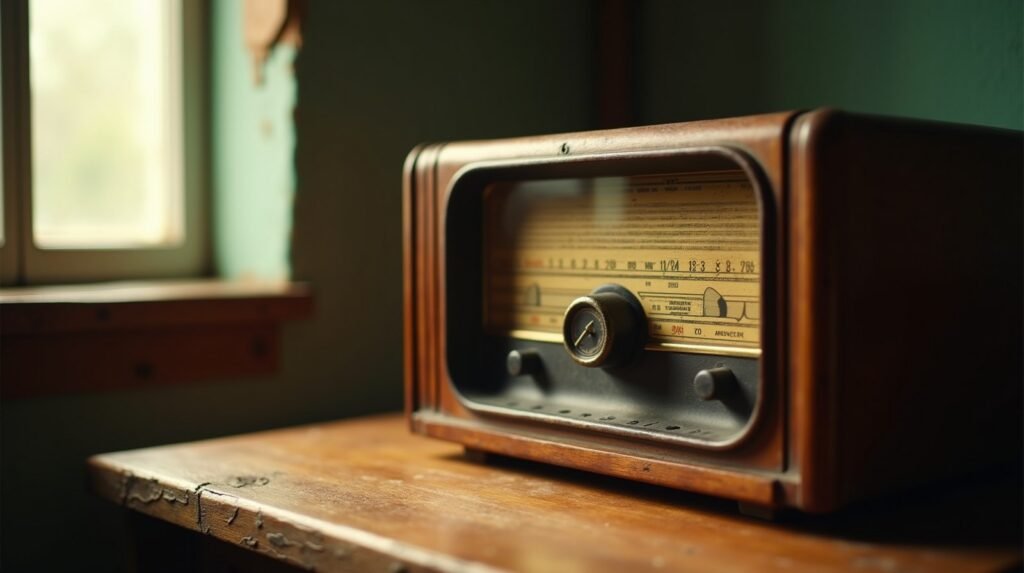 Rádio antigo de madeira sobre uma mesa, com o ponteiro do dial parado entre duas estações marcadas, luz natural de janela